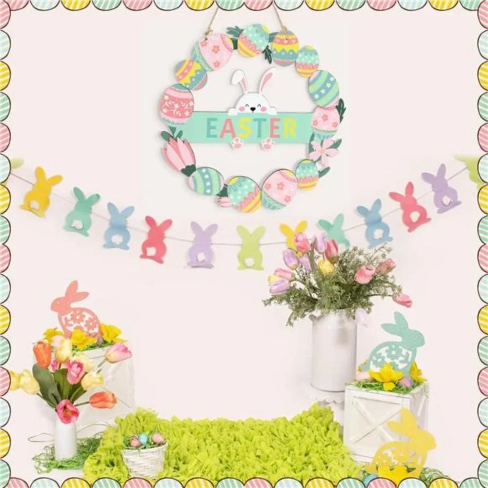 Easter Wreaths for Front Door Colorful Eggs Happy Bunny Easter Welcome Sign